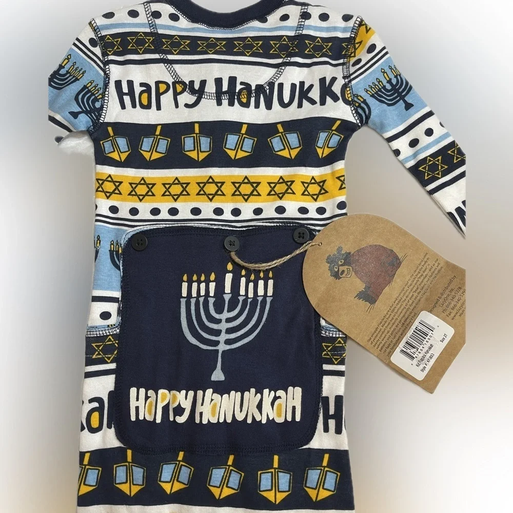 NWT Lazy One Snuggly Flapjack Long John’s With A Trap Door. “Happy Hanukkah” 2T